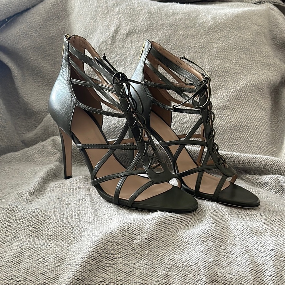 JCrew collection Army green open toe heels with center tie. New in box!